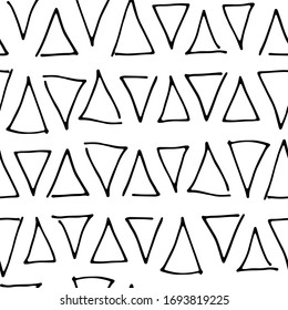 Seamless vector geometric pattern. Hand-drawn outline triangles Isolated on white background. Ornament lines. Illustration for wallpaper, wrapping paper, notebooks, posters, prints, textiles, clothes