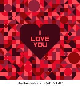 Seamless vector geometric pattern. Red abstract mosaic backgrounds with a heart and I love you.