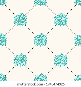 Seamless vector geometric pattern with sea corals and polka dot. Texture of tropical reef. Hand drawn monochrome nautical background for fabric, textile, print, wallpaper, digital paper, wrapping.