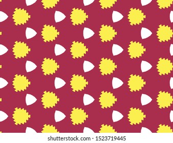 Seamless vector geometric pattern. Shaped yellow and white leaves and triangles on claret red background.