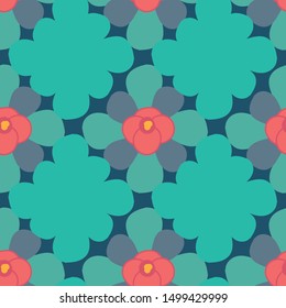 A seamless vector geometric pattern with teal diamond shapes and simple coral colored flowers. Surface print design.