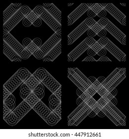Seamless vector geometric pattern from thin rings. White pattern on a black background. Four seamless pattern element.