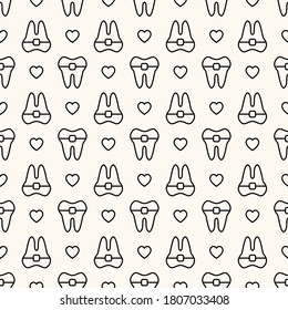 Seamless vector geometric pattern of tooth with brace and hearts. Dental background for stomatology reminder card or digital paper. Concept of dentistry service