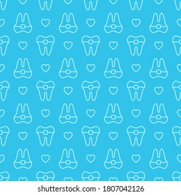 Seamless vector geometric pattern of tooth with brace and hearts. Dental background for stomatology reminder card or digital paper. Concept of dentistry service