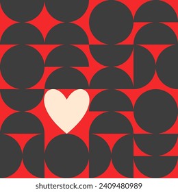 Seamless vector geometric pattern for Valentine's Day . Trendy geometric shapes with circles, squares and hearts in retro style for a Mother's Day or wedding day cover.