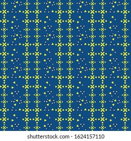 Seamless vector geometric pattern. Yellow and white flowers on a deep blue background. Yellow flowers are collected in squares. Flower pattern-cage for fabric, packaging, Wallpaper, textiles, printing