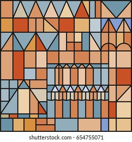 Seamless vector geometric patterns. Background with triangles and rectangles in pastel colors. Illustration of old city landscape. Print for wrapping, wallpaper, decor, surface, vitrage.