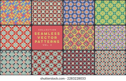 Seamless vector geometric patterns. Hexagonal, triangular and square designs. Vintage charm meets modern design in these geometric patterns inspired by hydraulic tiles.