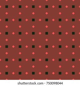Seamless vector geometric squares pattern. Symmetrical layout. Gift wrapping paper. Bed sheets and interior. Red and dar green squares on dark red background.