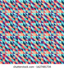 Seamless vector geometric stock pattern of colored triangles for textiles, packaging, paper printing, simple backgrounds and textures.