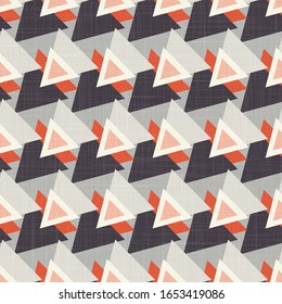 Seamless vector in geometric triangle shape pattern. Mid century modern woven linen texture style background. Vintage 60's warm color decorative all over print. Geo abstract graphic wallpaper tile