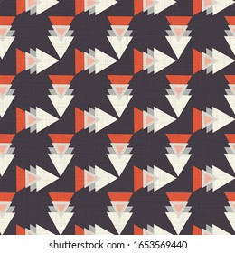 Seamless vector in geometric triangle shape pattern. Mid century modern woven linen texture style background. Vintage 60's warm color decorative all over print. Geo abstract graphic wallpaper  tile
