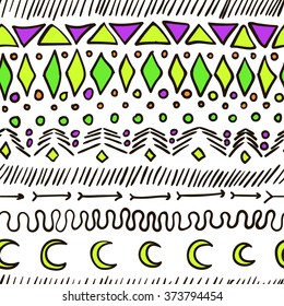 Seamless vector geometric tribal texture. Vintage ethnic backdrop. Boho fashion style pattern background with hand draw elements.