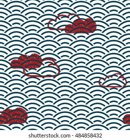 seamless vector geometric wave pattern with clouds