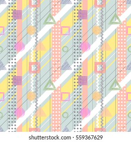 Seamless vector geometrical abstract pattern with lines, dots, diagonal stripes. Endless background with different hand drawn geometric figures..