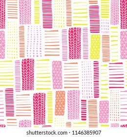 Seamless vector geometrical pattern with abstract rectangles. White pink yellow hand drawn endless background with hand drawn textured geometric figures. Graphic illustration. Doodle pattern for girl