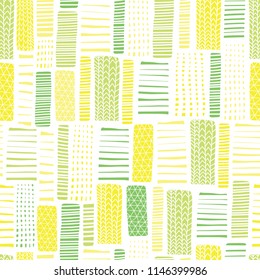 Seamless vector geometrical pattern with abstract rectangles. White green yellow hand drawn endless background with hand drawn textured geometric figures. Graphic illustration. Doodle pattern