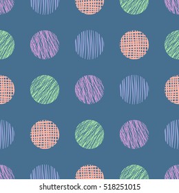 Seamless vector  geometrical pattern with circles. Blue endless background with  hand drawn textured geometric figures. Graphic vector illustration.