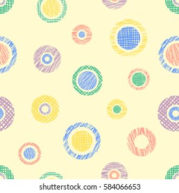 Seamless vector geometrical pattern with circles, endless background with hand drawn textured geometric figures. Pastel Graphic illustration Template for wrapping, web backgrounds.