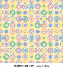 Seamless vector geometrical pattern with circles pastel endless background with hand drawn textured geometric figures. Graphic illustration, print for wrapping, background, cover, surface