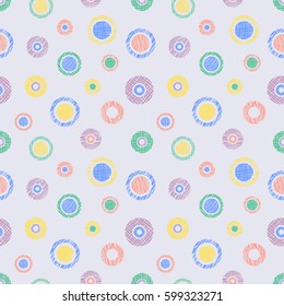 Seamless vector geometrical pattern with circles pastel endless background with hand drawn textured geometric figures. Graphic illustration, print for wrapping, background, cover, surface