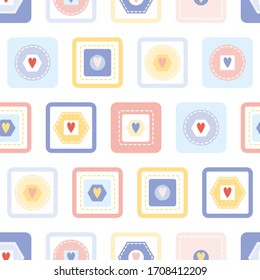 Seamless Vector Geometrical Pattern with colorful squares, hexagons, circles and hearts for decoration, print, textile, fabric, stationery, wallpaper, wrapping paper
