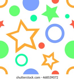 Seamless vector geometrical pattern. Endless background with geometric colorful figures, stars and circles on the white backdrop.