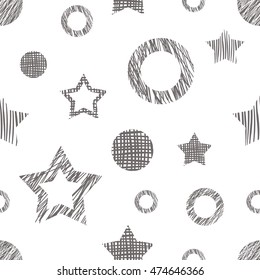 Seamless vector  geometrical pattern. Endless background with different hand drawn gray geometric figures.