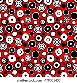 Seamless vector geometrical pattern. Endless black, red and white background with hand drawn circles. Graphic illustration. Template for cover, fabric, wrapping.