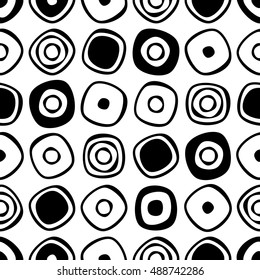 Seamless vector geometrical pattern. Endless black and white background with hand drawn circles. Graphic illustration. Template for cover, fabric, wrapping.