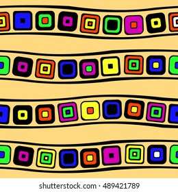 Seamless vector geometrical pattern. Endless colorful background with hand drawn ornamental squares. Graphic vector  illustration with ethnic motifs. Template for cover, fabric, wrapping.