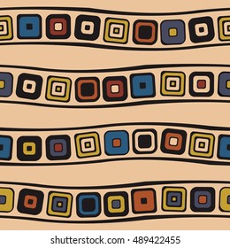 Seamless vector geometrical pattern. Endless brown background with hand drawn ornamental squares. Graphic vector vintage illustration with ethnic motifs. Template for cover, fabric, wrapping.