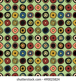 Seamless vector geometrical pattern. Endless brown background with hand drawn ornamental circles. Graphic vector vintage illustration with ethnic motifs. Template for cover, fabric, wrapping.