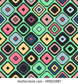 Seamless vector geometrical pattern. Endless green background with hand drawn ornamental squares, rhombus. Graphic vector vintage illustration with ethnic motifs. Template for cover, fabric,wrapping.
