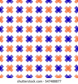 Seamless vector geometrical pattern. Endless background with hand drawn blue and red cross. Pattern for wrapping, cover, background, surface print.