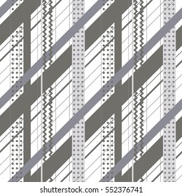 Seamless vector geometrical pattern. Grey Endless background with lines, dots, stripes, zig zag, diagonal. Graphic illustration. Print for cover, fabric, wrapping, web background