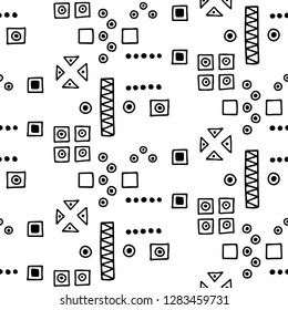 Seamless vector geometrical pattern with hand drawn decorative elements. Graphic design, drawing illustration. Print for fabric, textil, wallpaper, wrapping, packaging. Line drawing. Doddle style, 
