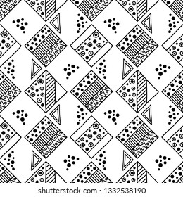 Seamless vector geometrical pattern with hand drawn decorative elements Graphic abstract design, drawing illustration. Print for fabric, textil, wallpaper, wrapping packaging Line drawing Doddle style