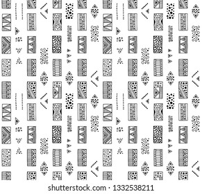 Seamless vector geometrical pattern with hand drawn decorative elements Graphic abstract design, drawing illustration. Print for fabric, textil, wallpaper, wrapping packaging Line drawing Doddle style