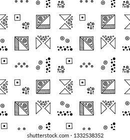 Seamless vector geometrical pattern with hand drawn decorative elements Graphic abstract design, drawing illustration. Print for fabric, textil, wallpaper, wrapping packaging Line drawing Doddle style