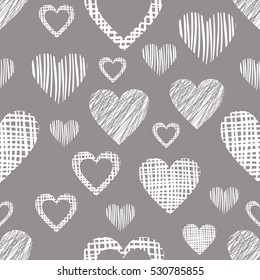 Seamless vector  geometrical pattern with hearts. Grey endless background with  hand drawn textured geometric figures. Graphic vector illustration Template for wrapping, web backgrounds, wallpaper.