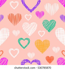 Seamless vector  geometrical pattern with hearts. Pink endless background with  hand drawn textured geometric figures. Graphic vector illustration Template for wrapping, web backgrounds, wallpaper.