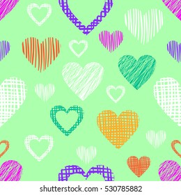 Seamless vector  geometrical pattern with hearts. Green endless background with  hand drawn textured geometric figures. Graphic vector  illustration Template for wrapping, web backgrounds, wallpaper.