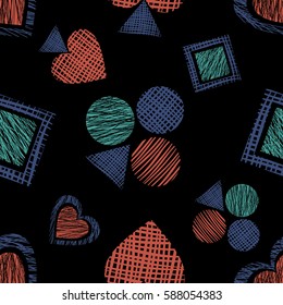 Seamless vector geometrical pattern with icons of playing cards. background with hand drawn textured geometric figures. Pastel Graphic illustration Template for wrapping, web backgrounds, wallpaper.