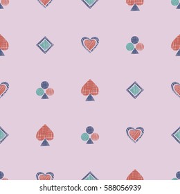 Seamless vector geometrical pattern with icons of playing cards. background with hand drawn textured geometric figures. Pastel Graphic illustration Template for wrapping, web backgrounds, wallpaper.