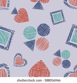 Seamless vector geometrical pattern with icons of playing cards. background with hand drawn textured geometric figures. Pastel Graphic illustration Template for wrapping, web backgrounds, wallpaper.