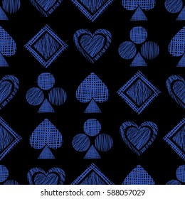 Seamless vector geometrical pattern with icons of playing cards. background with hand drawn textured geometric figures. Pastel Graphic illustration Template for wrapping, web backgrounds, wallpaper.