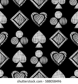 Seamless vector geometrical pattern with icons of playing cards. background with hand drawn textured geometric figures. Pastel Graphic illustration Template for wrapping, web backgrounds, wallpaper.
