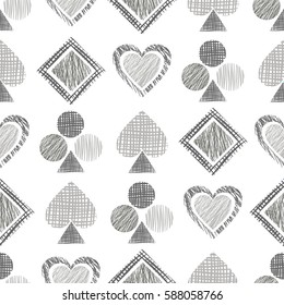 Seamless vector geometrical pattern with icons of playing cards. background with hand drawn textured geometric figures. Pastel Graphic illustration Template for wrapping, web backgrounds, wallpaper.