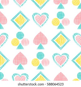 Seamless vector geometrical pattern with icons of playing cards. background with hand drawn textured geometric figures. Pastel Graphic illustration Template for wrapping, web backgrounds, wallpaper.